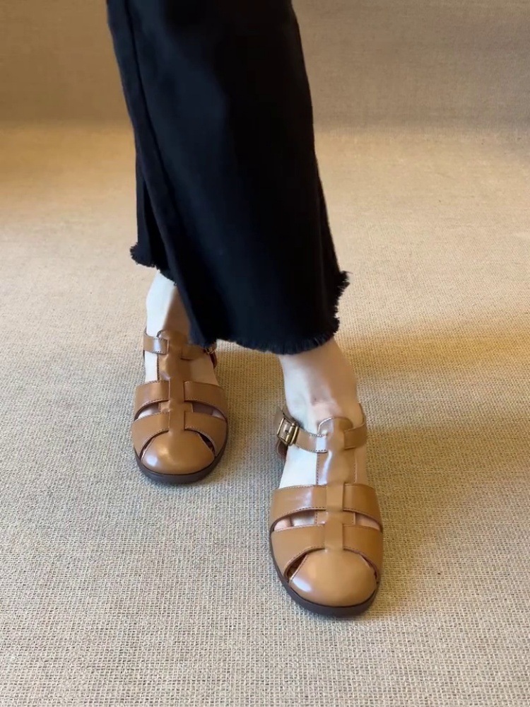 Sheepskin Version ~ 2025 New Summer Retro Woven Cut Out Toe-Cap Sandals Women's Genuine Leather Pig Cage Shoes Roman Sandals