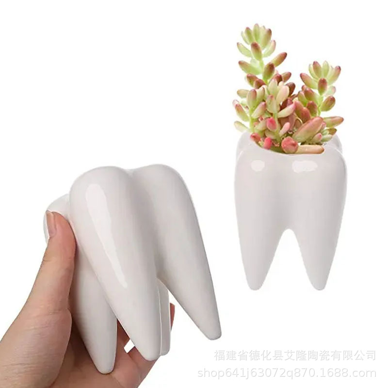 Nordic Ins Style Creative Funny Ceramic Pen Storage Decorative Ornaments Tooth Shape Toothbrush Cup Sundries Storage Flower Pot