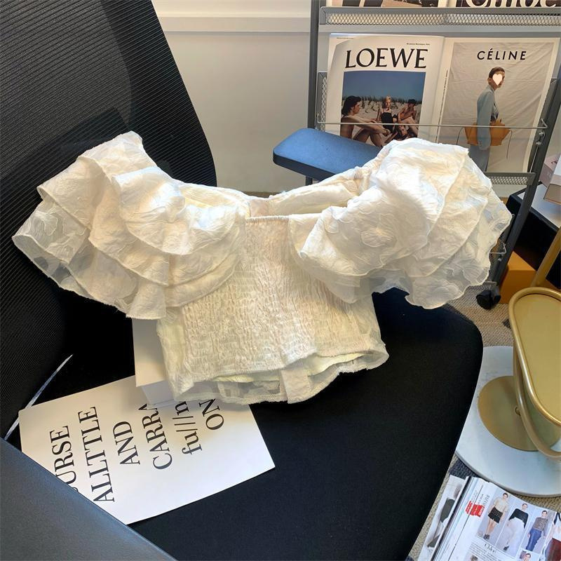 French Ruffled One-Shoulder Shirt for Women, Summer Hot Girl's Waist-Cinching Flying Sleeves, Chest-Wrapped Shirt, Short Style, Elegant Top