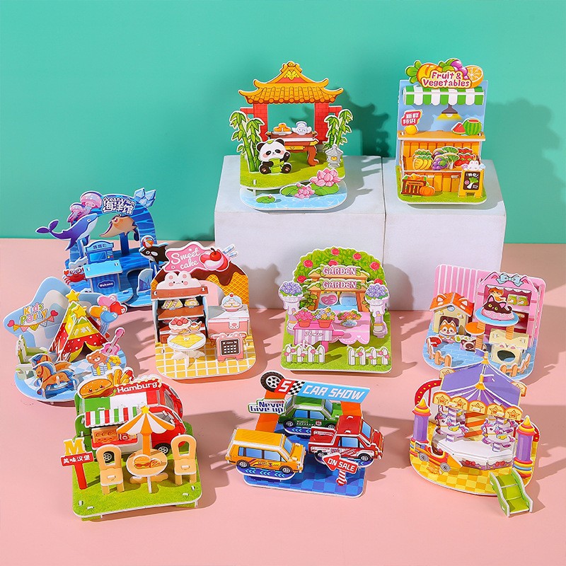 Cartoon 3D three-dimensional house puzzle children DIY puzzle early childhood education small four mini hut assembled toys