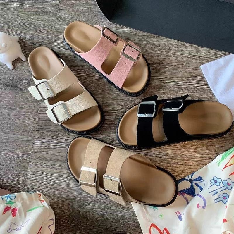 Platform Birkenbone Sandals and Slippers for Women's Outer Wear 2024 Summer New Style Casual Belt Buckle Open Toe Soft Bottom Non-Slip Sliding Slides