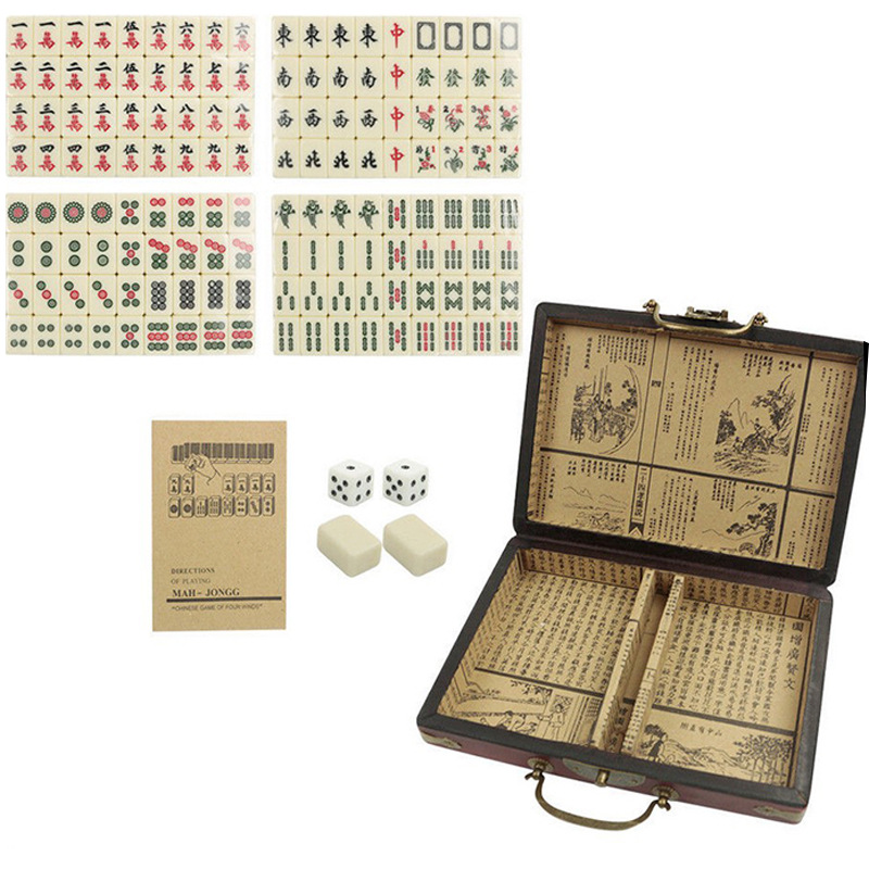 Cross-border supply of melamine English mahjong dormitory entertainment mahjong brand Milky White small travel mahjong with antique leather box