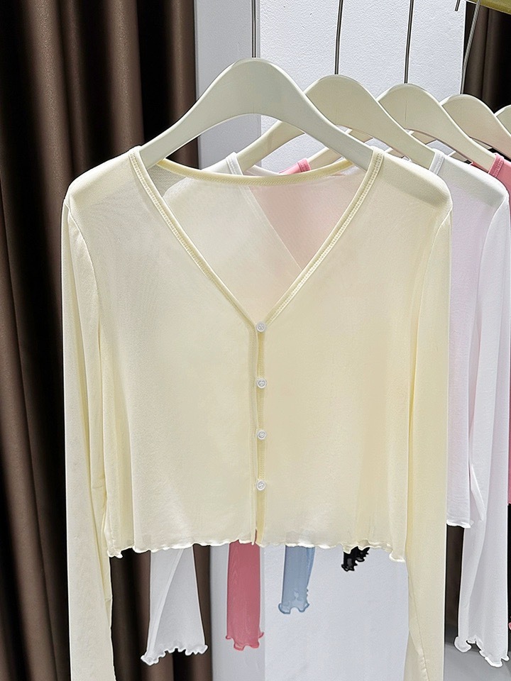 Ice Silk Cool Tulle Sun Protection Cardigan Women's Shawl Summer with Skirt Suspender Outer Blouse Mesh Top Short Version