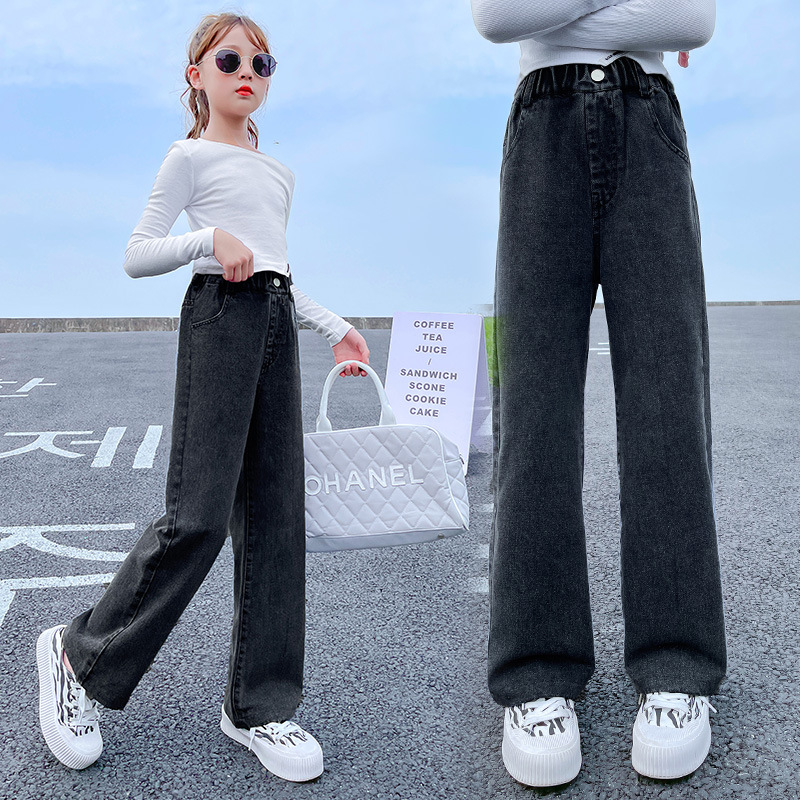 Girls Jeans 2025 Korean Style Autumn Clothes Girls Big Children Straight-Leg Leg Wide Leg Pants Autumn Casual Loose Children's Pants