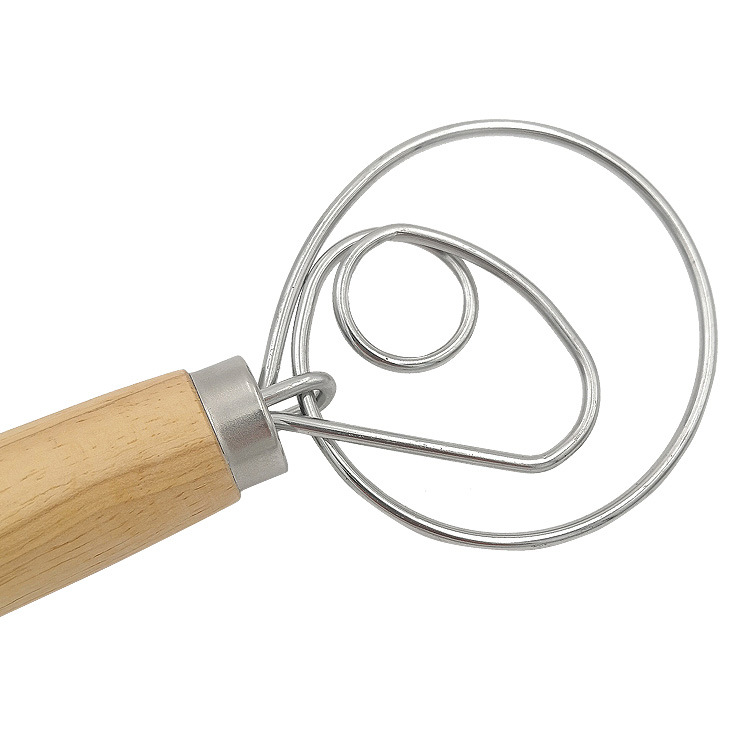 Wooden Handle Powder Mixer, Danish Dough Mixing Stick, Manual Stainless Steel Egg Beater and Dough Mixer