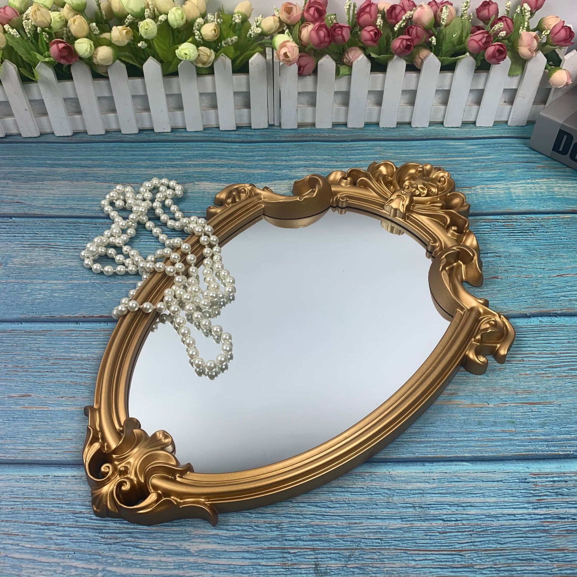 Factory Supply Shaped Plastic Decorative Mirror Hanging Mirror Amazon Export European Shield Retro Embossed Hollow Mirror
