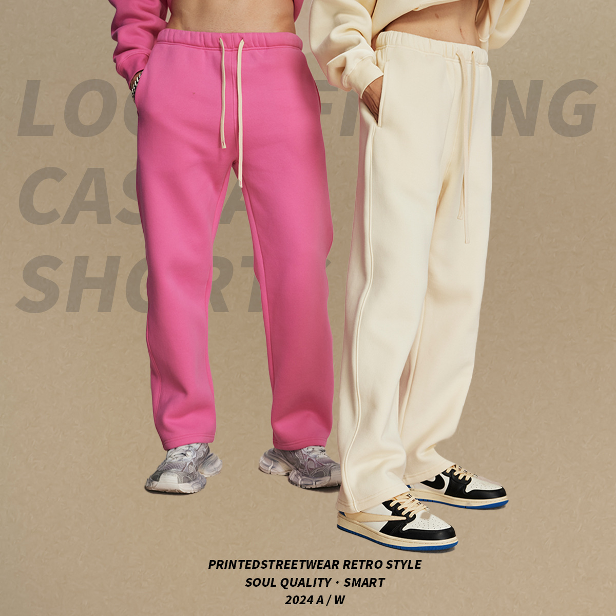 2024 new fleece-lined thickened loose sports casual pants men's 350g straight American fashion brand pure men's pants