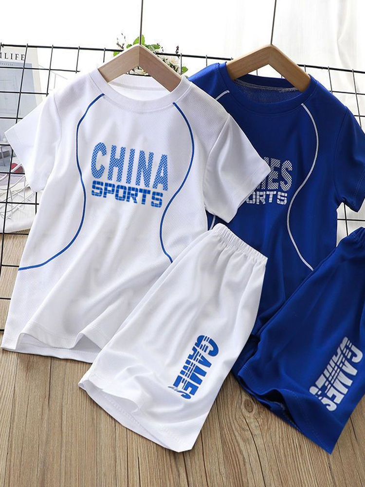 Boys' Quick-drying Short-sleeved Shorts suit Summer 2025 New Mesh Children's Sports Two-piece Set Large Children's Ice Silk