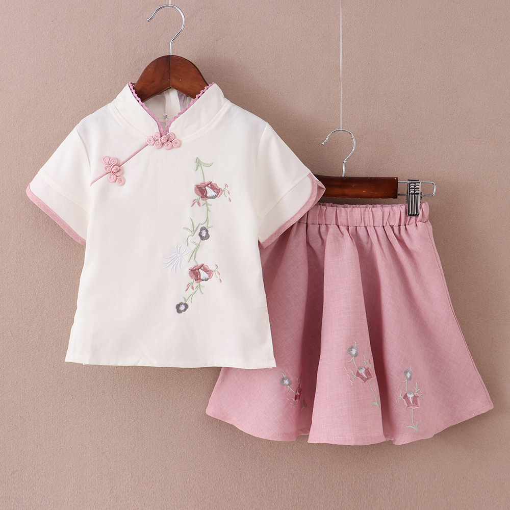 Summer New Ancient Han Dynasty Girls' Cotton and Linen Short-Sleeved Kidsren's Suits Ethnic Style Chinese School Uniforms Girls' Tang Suits