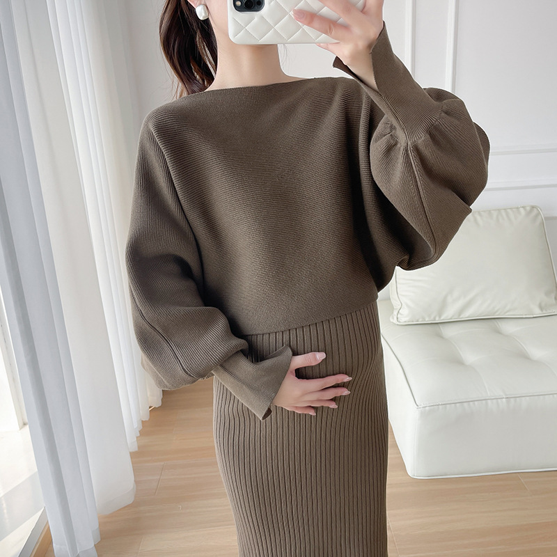 Real shot in stock cored yarn thickened pregnant women suit autumn and winter New pregnant women dress suit fashion two-piece set