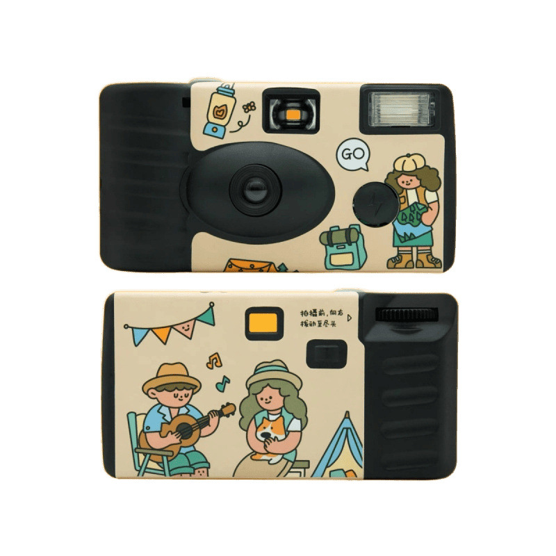 Free Shipping Japanese-Style Illustration Disposable Film Camera Black and White Color Film Point-And-Shoot with Flash Brand New