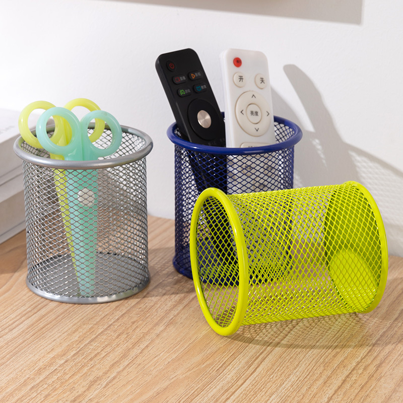 Creative Iron Hollow Desktop Storage Pen Container Student Stationery Multi-functional Color Grid Round Iron Mesh Storage Bucket