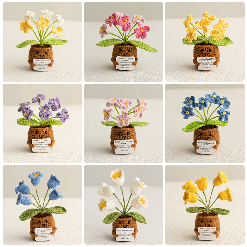 Позитивная энергия, вязаный цветок, растение в горшке, готовая работа из шерсти, искусственный цветок, настольное украшение, кукла с карточкой