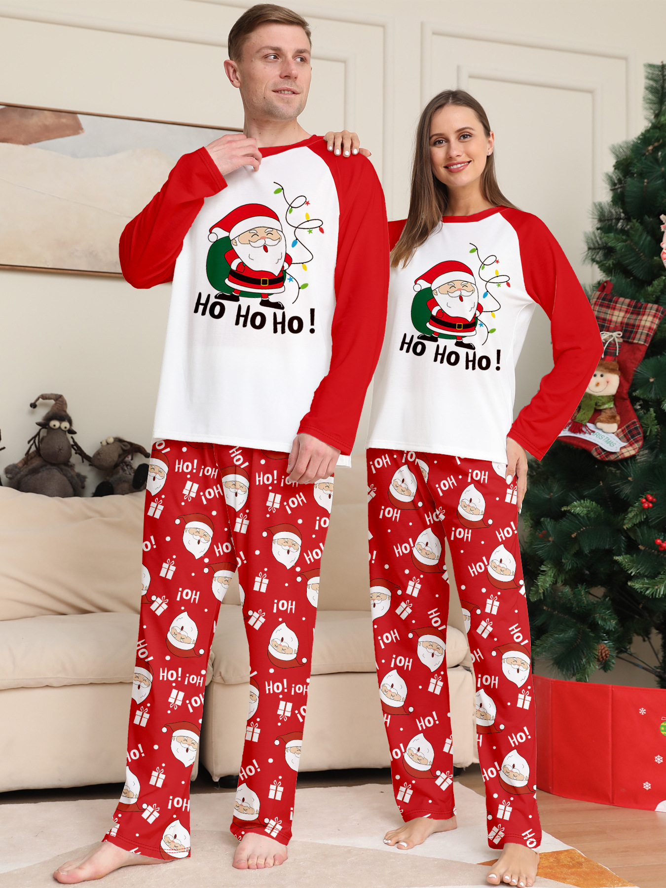 Foreign Trade European and American New Santa Claus Printed Round Neck Raglan Sleeves Red and White Contrasting Color Family Home Wear Pajamas Set