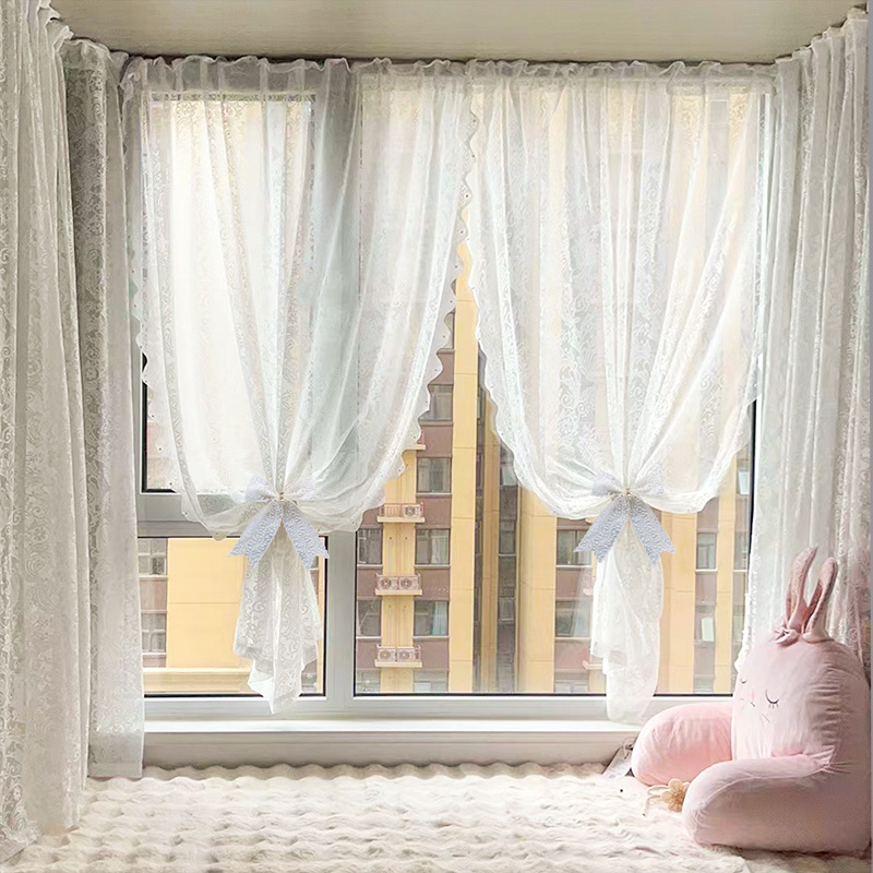 [Magic Tape Style] French Pearl Sheer Curtain, No-Punch Lace Curtain, Sheer Curtain, Door Curtain, Partition Curtain