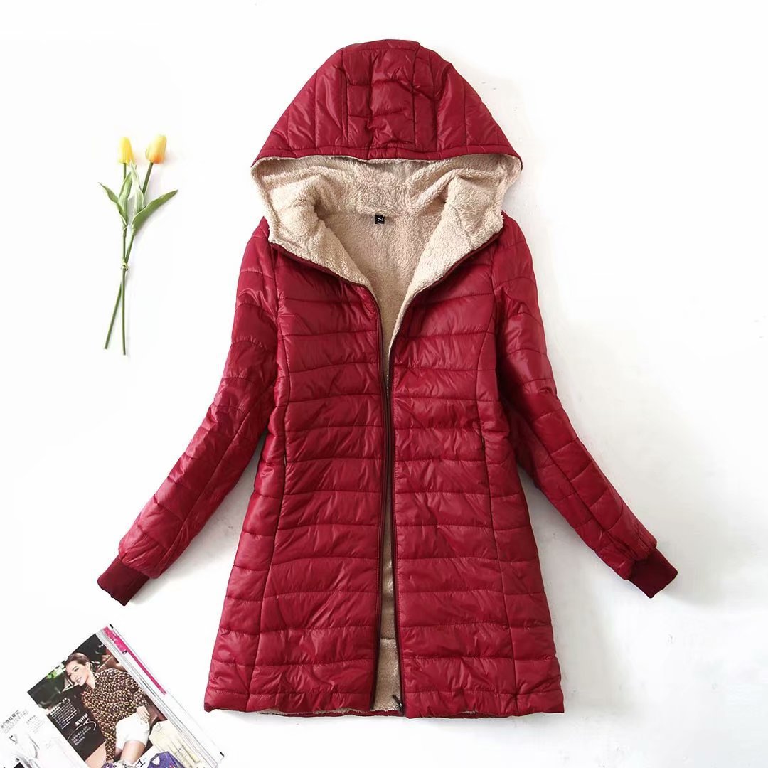 2024 New Autumn and Winter Mid-Length Korean Style Hooded Slim Fit Fleece-Lined Cotton Outwear Warm Cashmere Top Women's Jacket