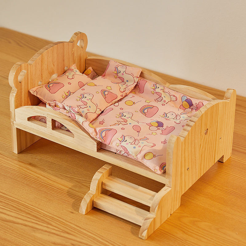 New Cotton Doll Bed 20cm Doll Bedding Three-Piece Set Bjd Solid Wood Doll House Bed