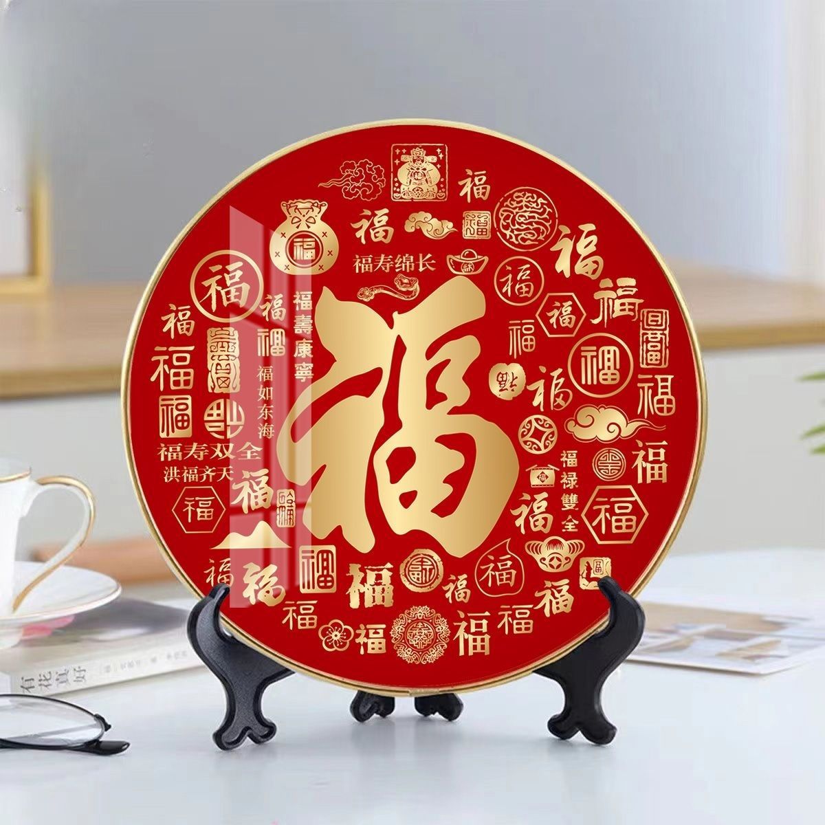 Double happiness ornaments. Round table painting. Fu Shou Xi Zhaocai Jinbao Decorative Painting Housewarming Gifts, Home Decoration