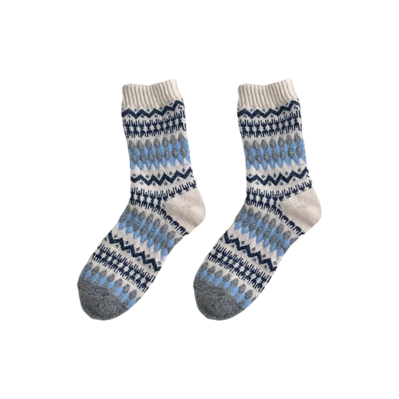 Fair Isle Wool Socks Autumn and Winter Pure Cotton Beige Mid-Calf Socks Thickeneded Warm Cashmere Stockings with Birkenstocks