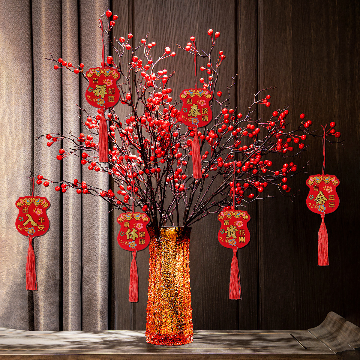 Wholesale Flocked Small Ornaments for Bonsai Decoration, New Year's Day Fortune Tree, Small Lanterns, New Year's Fabric Decorations