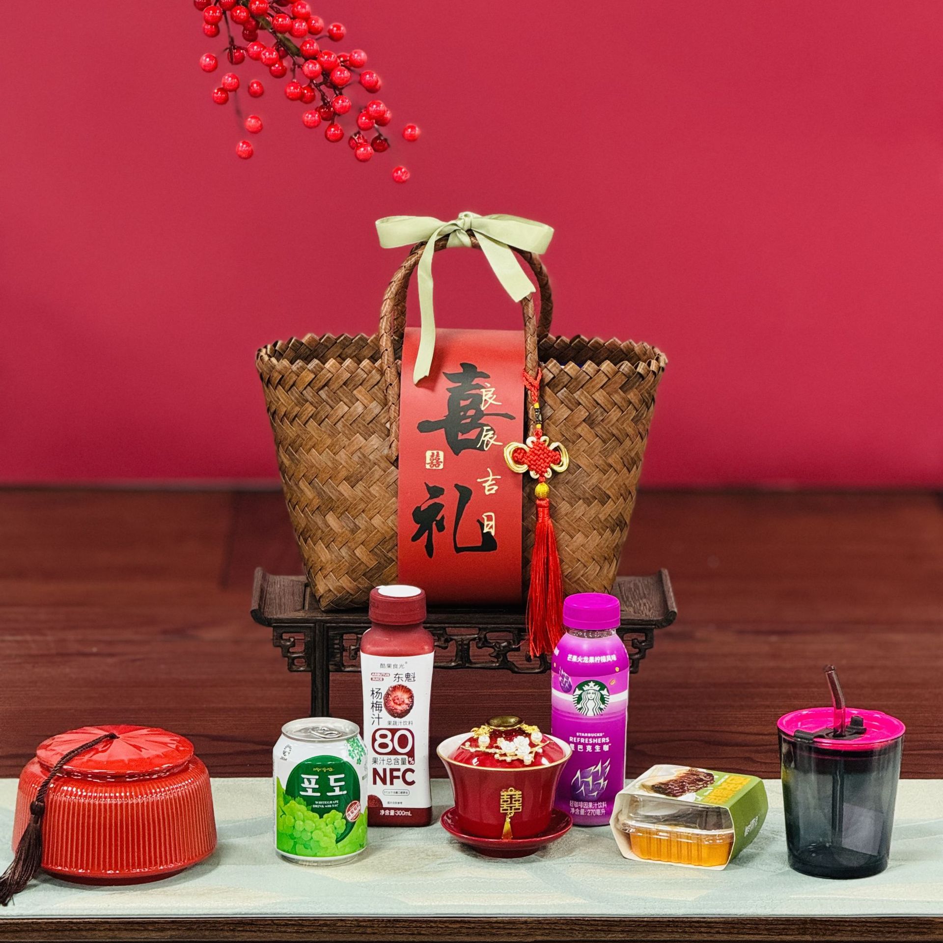 New Chinese Wedding Gift Packaging Birthday Hundred Days Accompanying Gift Bag for Moving Birthday Wedding Gift Box Woven Vegetable Basket