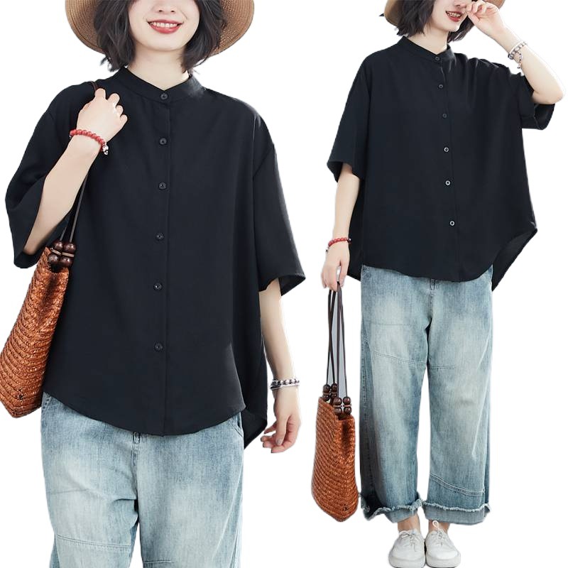 Solid Color Shirt Summer chubby girl plus size Women's Half-Sleeve Ripped Collar Shirt All-Match Cardigan Top