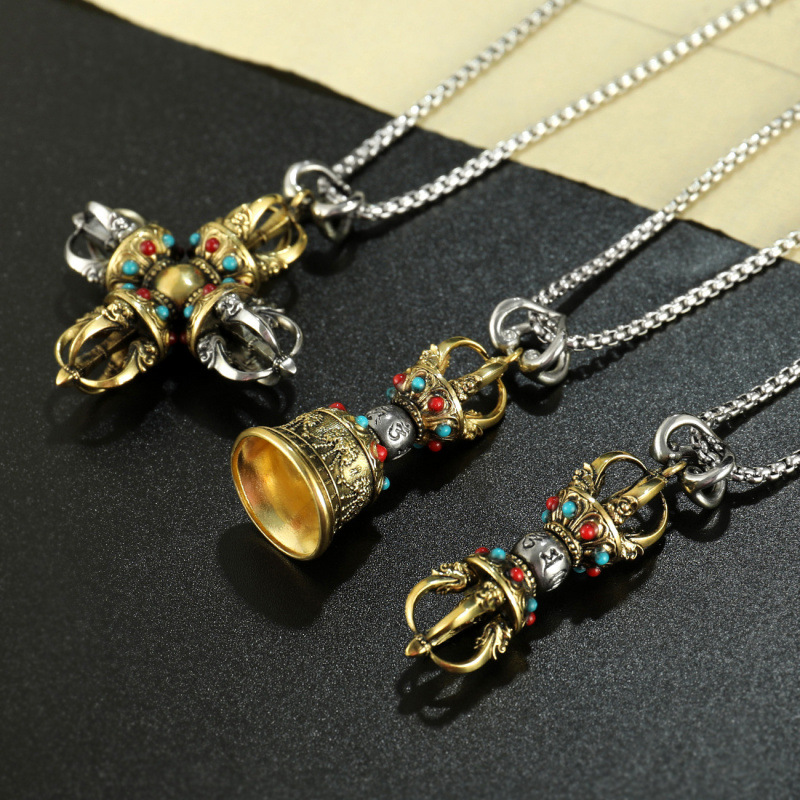 Nepalese Xizang-Style Colorful Brass Five-Pronged Pestle Pendant Necklace for Men and Women