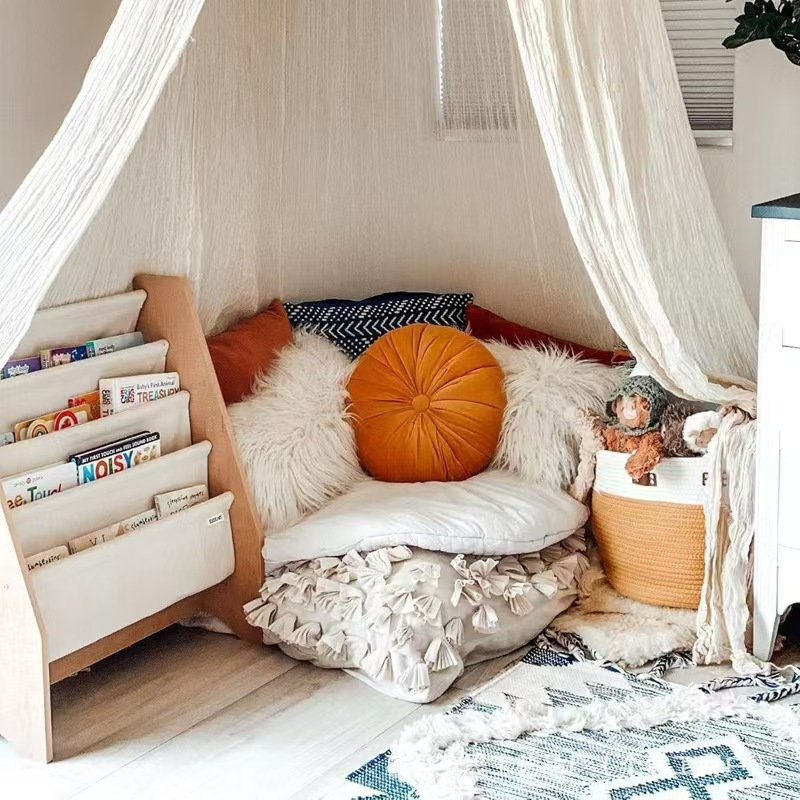 New Wooden Children's Bookshelf Canvas Sling Picture Book Rack Floor-standing Kindergarten Primary School Students Book Rack