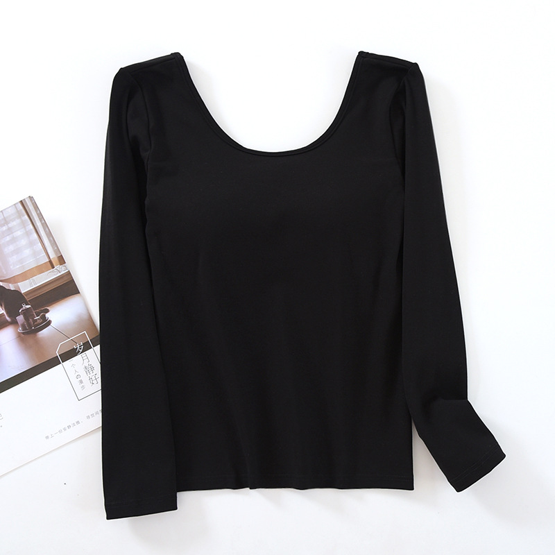 Long-sleeved Cup One-piece T-shirt with Chest Pad Cotton Women's Top U-back Round Neck Spring and Autumn Inner Wear Outer Base Shirt