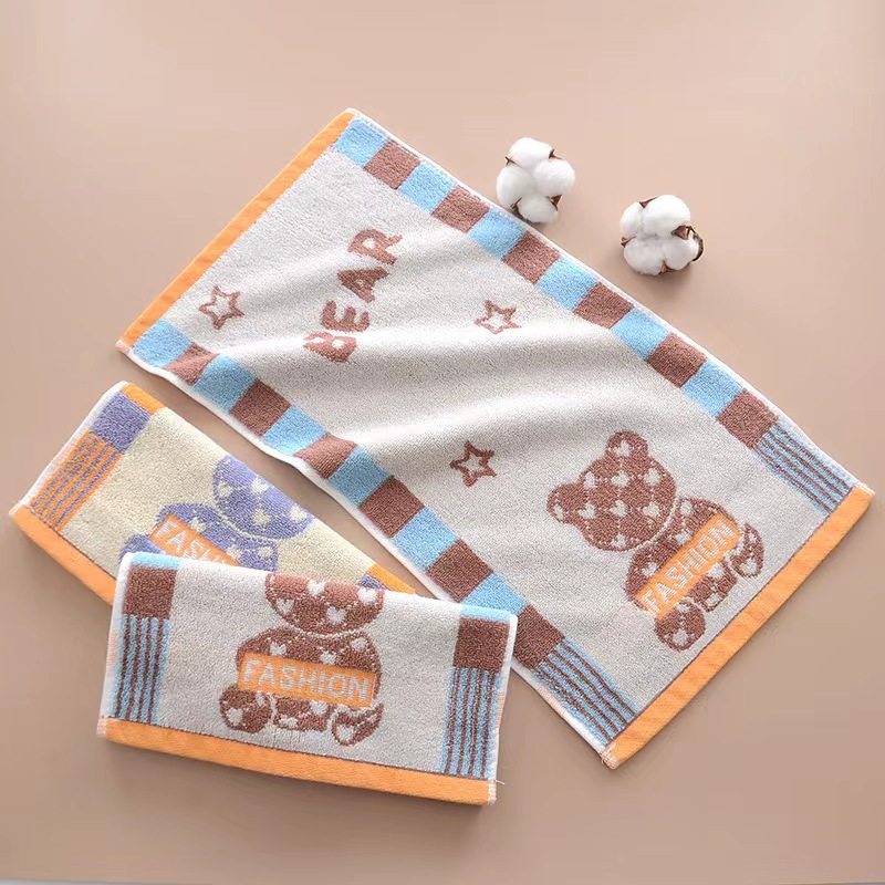 Pure Cotton 32-Strand Color Gauze Jacquard Kidsren's Towel Cartoon Fashion Bear High-End Kidsren's Towel Kindergarten Baby Towel