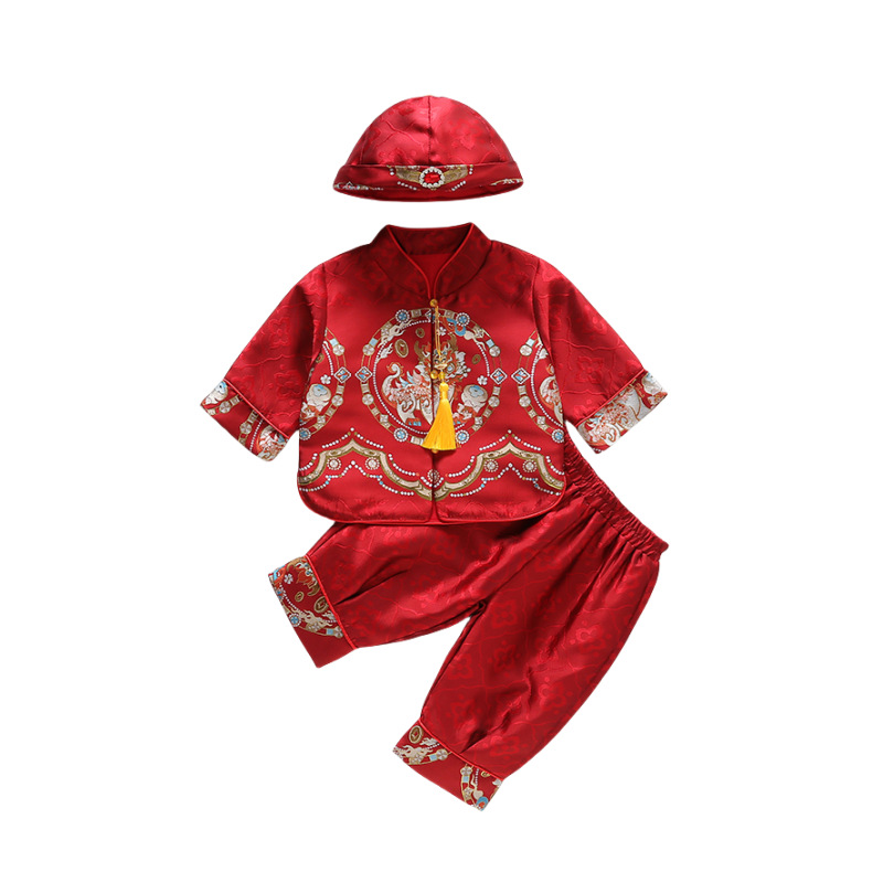 25 New Baby Tang Suit New Chinese Men's Treasure Grasp Zhou Suit Red Festive Kirin suit Hundred Days Birthday Banquet Dress