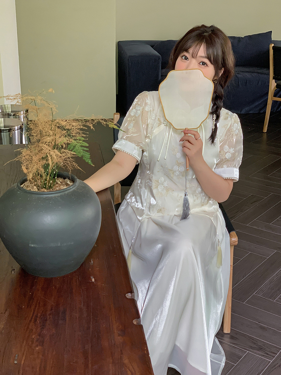 A487 New Summer Product Plus Fat Plus Size Women's New Chinoiserie Suit Women's Improved Version Cheongsam Embroider Two-Piece Set Slimming Look