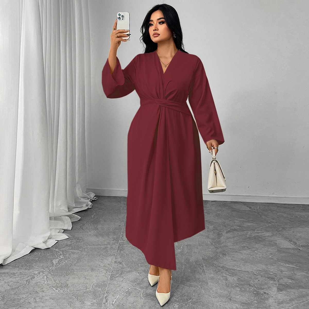 Cross-border Wish Amazon New Long-sleeved dress AliExpress Elegant Tight Waist Slim-fit Irregular Tailored Long Dress