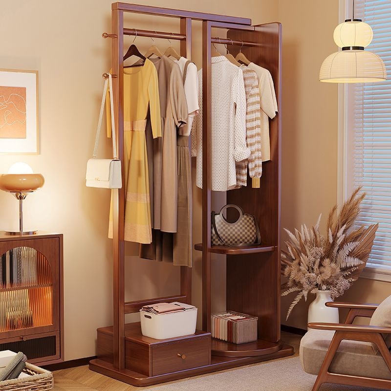 All Solid Wood Coat Rack Integrated Mirror Dressing Mirror Floor-Standing Clothes Rack Living Room Bedroom Entrance Door Home Full-Length Mirror