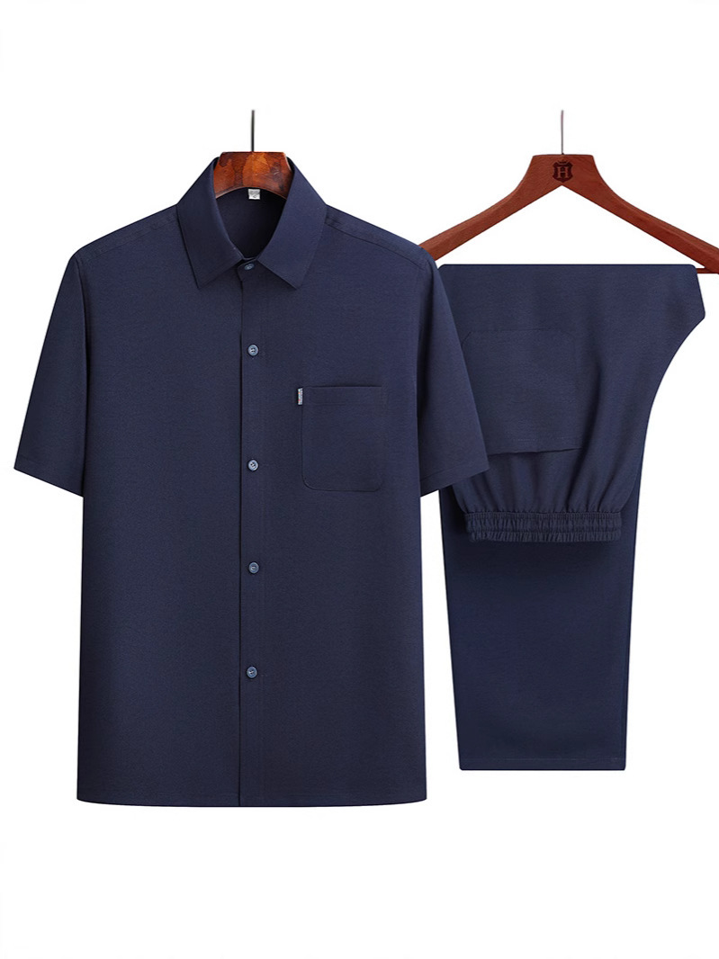 Summer Thin Ice Silk Short-Sleeved Shirt Suit for Middle-Aged and Elderly People Loose Daddy Short-Sleeved Shirt Suit