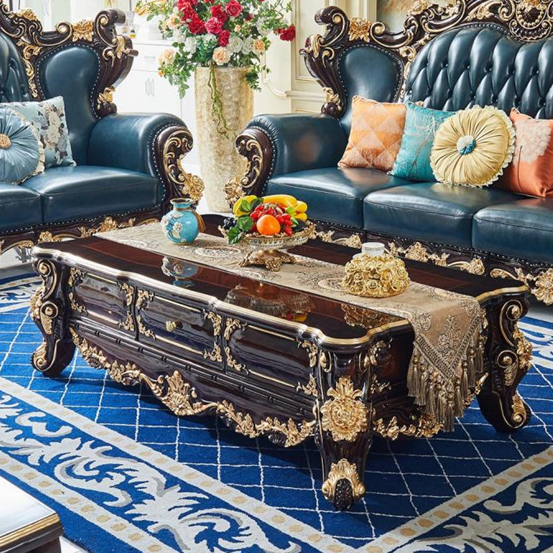 European-Style Villa All Solid Wood Carved Sofa 1234 Combination Marble Wood Surface Coffee Table Tv Cabinet Dining Table Furniture