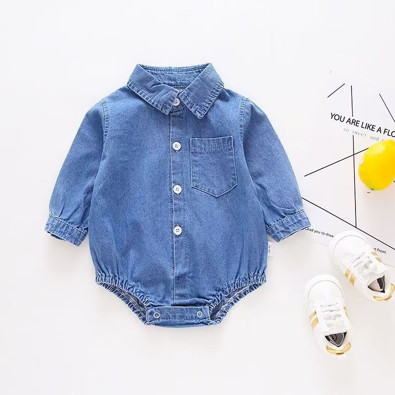 Amazon Autumn and Winter Triangle Long-Sleeved Baby Shirt Collar Denim Brother and Sister Outfit Triangle Crawler Suit