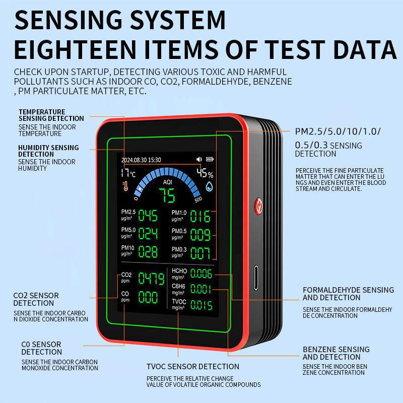 В наличии 18 в 1 детектор формальдегида Качество воздуха углекислый газ PM2.5 Хранение данных загрузка