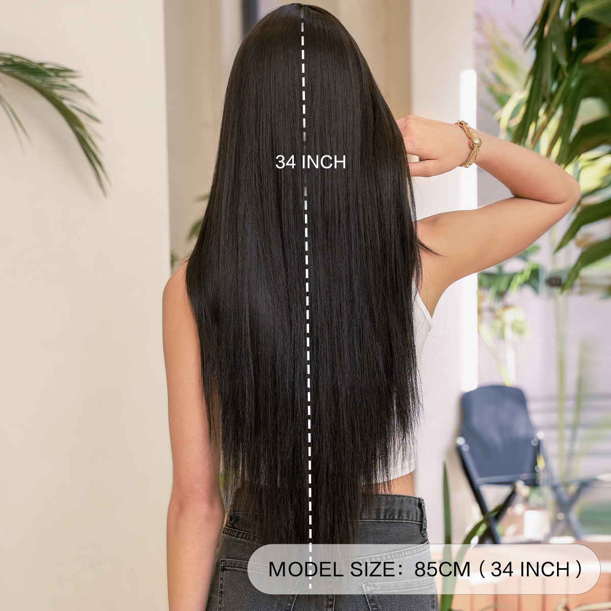 Wig Women's Fashionable Round Face Layered Super Long Straight Hair Black Full Top Wig high quality Chemical Fiber Full Head Cover with Straight Bangs