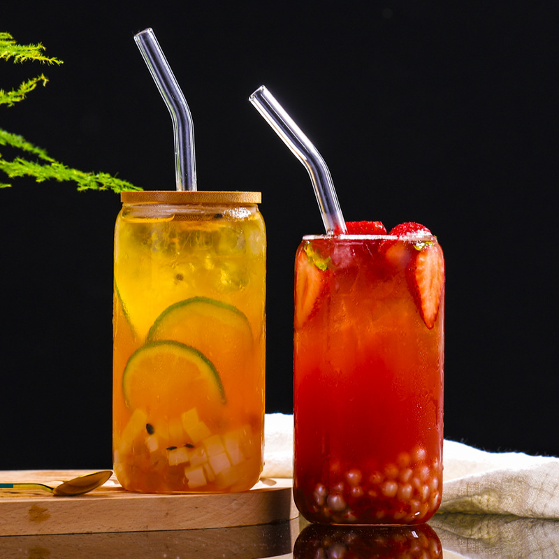 Cross-border Amazon New Internet Celebrity Coke Cup 16oz Mason Cup Bamboo Lid Glass Drink Juice Cup with Straw