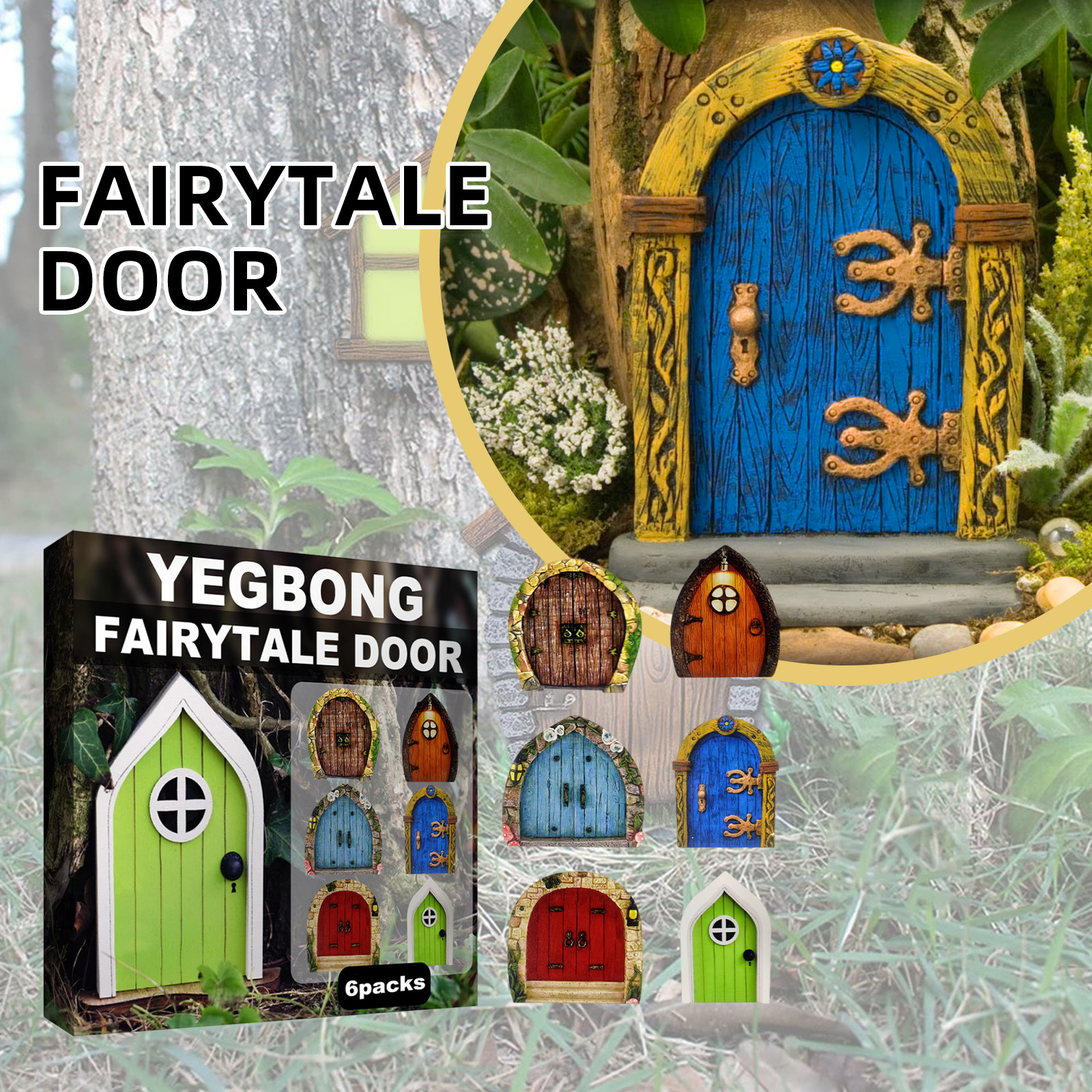YEGBONG garden decoration fairy tale door courtyard tree decoration wooden miniature dwarf decoration fairy tale door