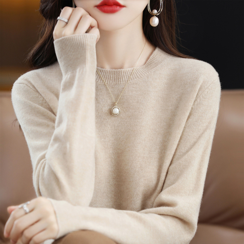 Осень и зима новый 100% чистый шерстяной свитер женский популярный круглый вырез вязаная базовая футболка элегантный универсальный западный стиль свитер