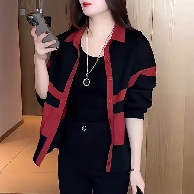 Cross-border Spring and Autumn New Loose Slim Contrast Women's Thin Coat Top Polo Collar Stitching Fashionable Age-reducing Jacket