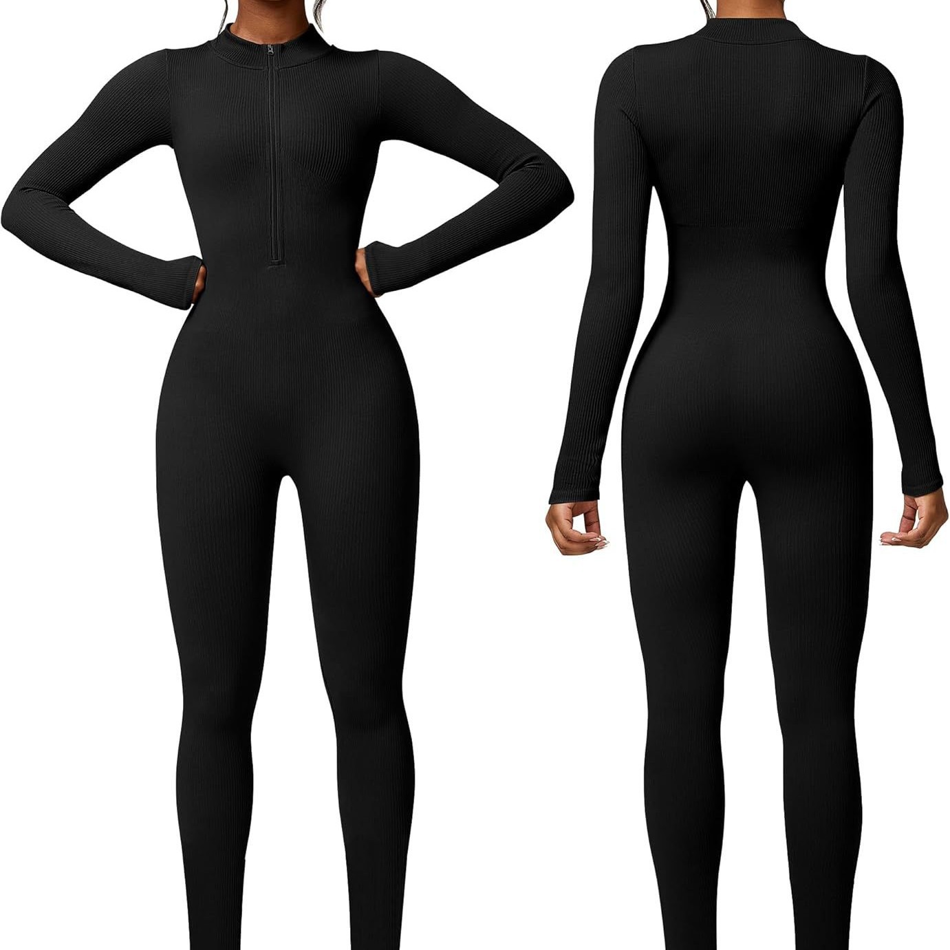 European and American Seamless One-piece Long-sleeved Zipper One-piece Yoga Suit Tight Waist Shaping Tight Trousers Casual Sports One-piece Suit