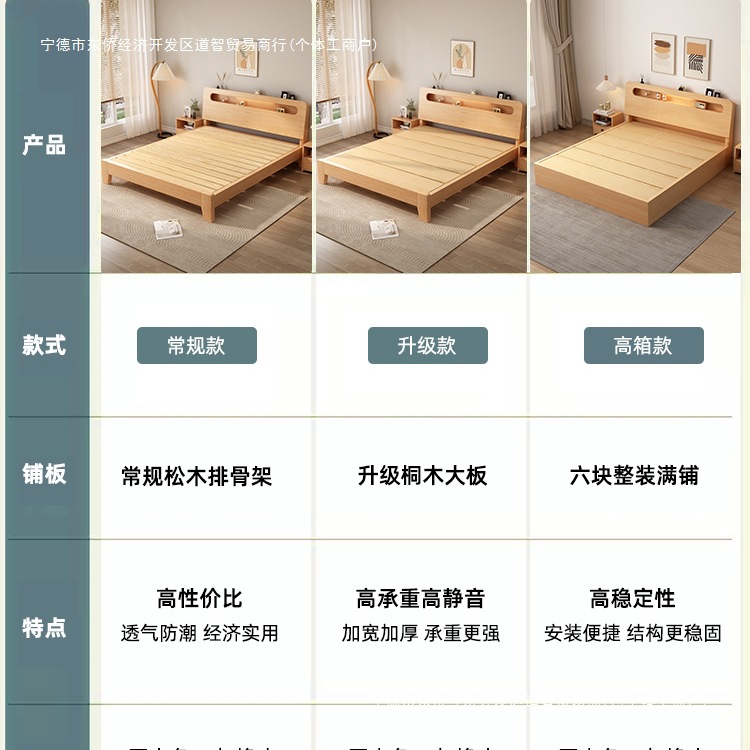 Solid Wood Bed Modern Minimalist 1.8m Double Bed Factory Direct Sale 1.5m Economical Single Bed Frame for Rental Use