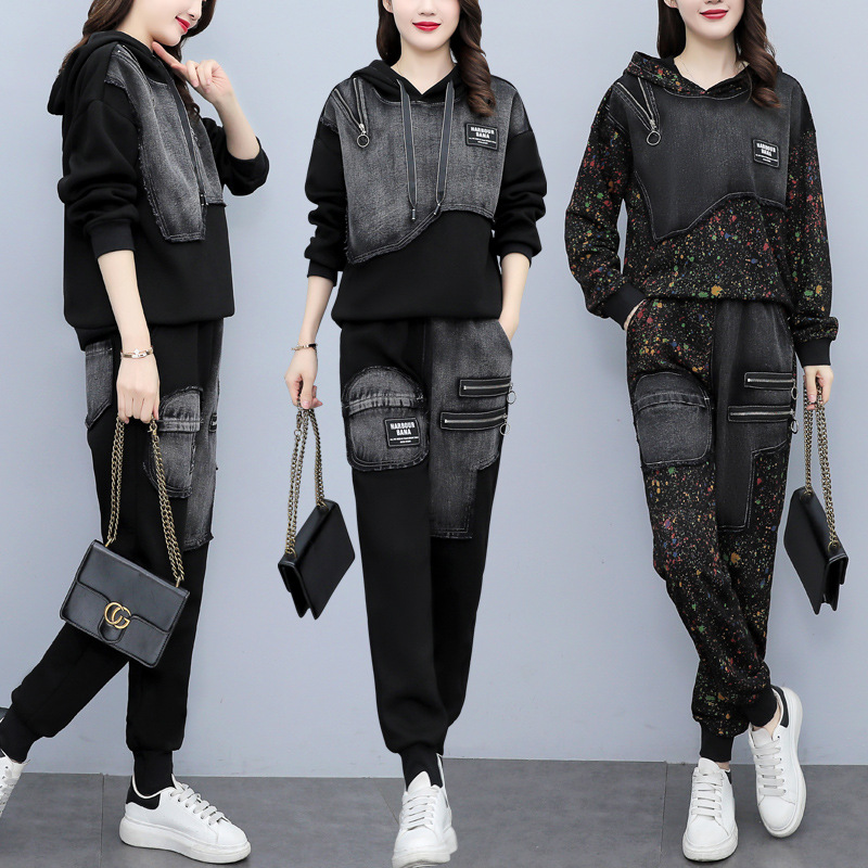 Fat sister slimming Denim suit Korean women's 2025 new spring and autumn leisure sports sweater pants two-piece set
