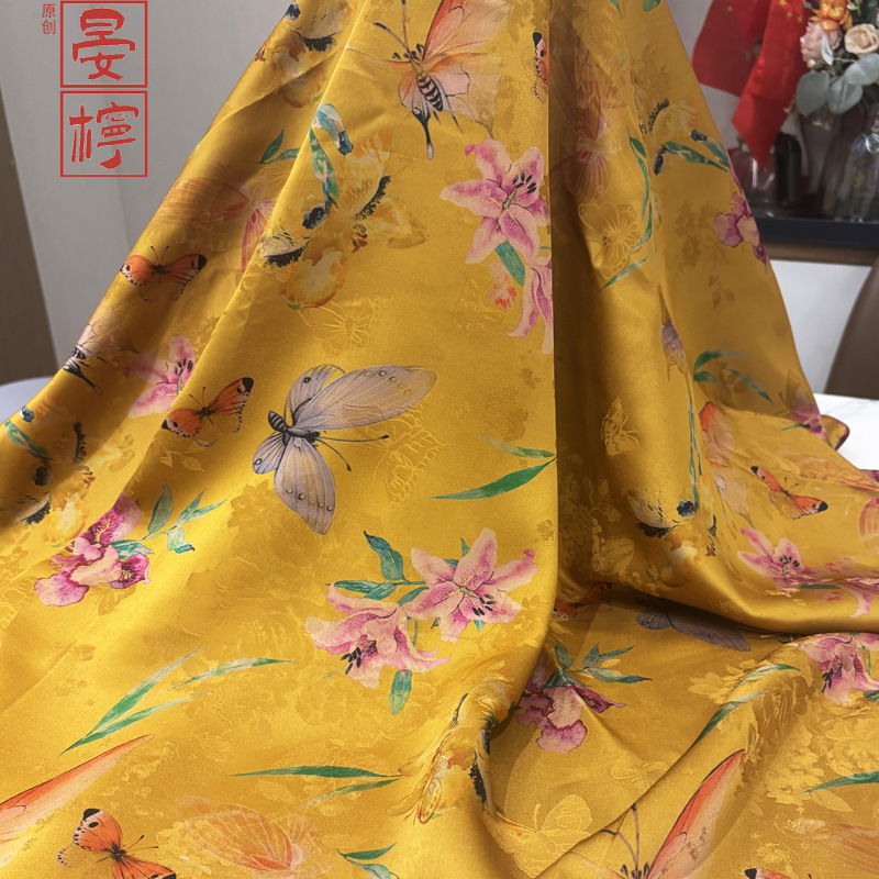 Butterfly Lily Fragrant Cloud Gauze Fabric National Style New Chinese Style Cheongsam Han Dynasty Dress Clothing Fabric Factory Direct Sales