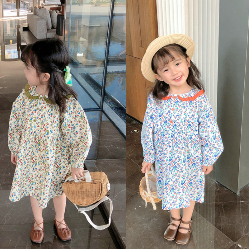Cross-border Kidsren's Clothing Wholesale Girls Dress 21 Spring & Fall Kidsren's Doll Collar Long-sleeved Floral Princess Dress Drop Shipping