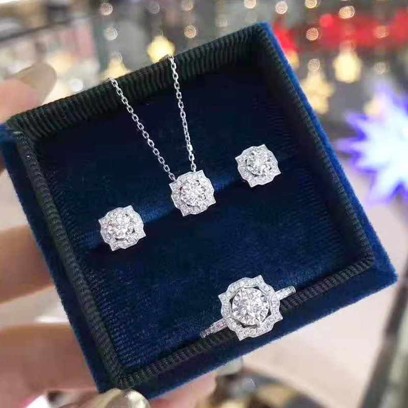 Authentic Simple Hai Rui Mo San Diamond 925 Silver Necklace Ring Earrings Jewelry Full Set Qixi Festival genuine goods