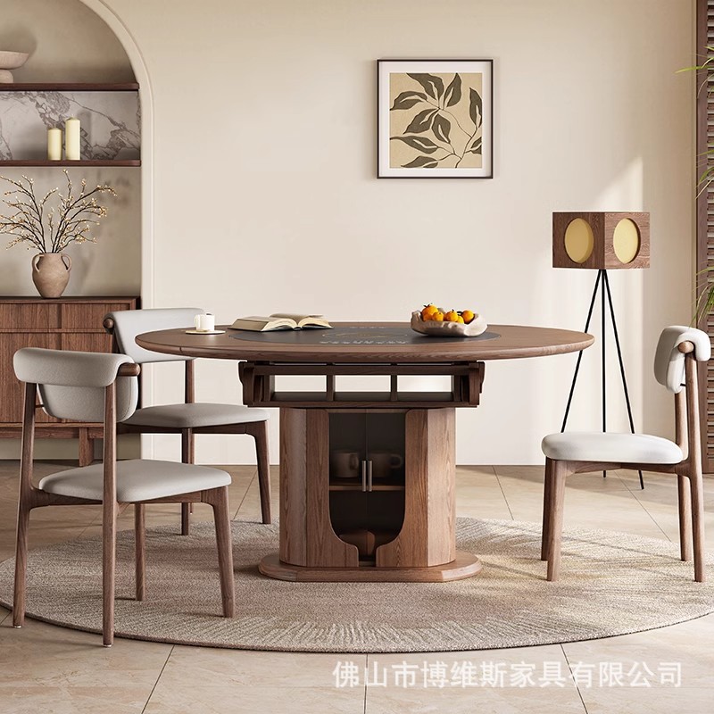 Medieval Style Retractable Round Wine Glass Solid Wood Dining Table with Built-In Induction Cooker Turntable Home Retro Style Dining Table